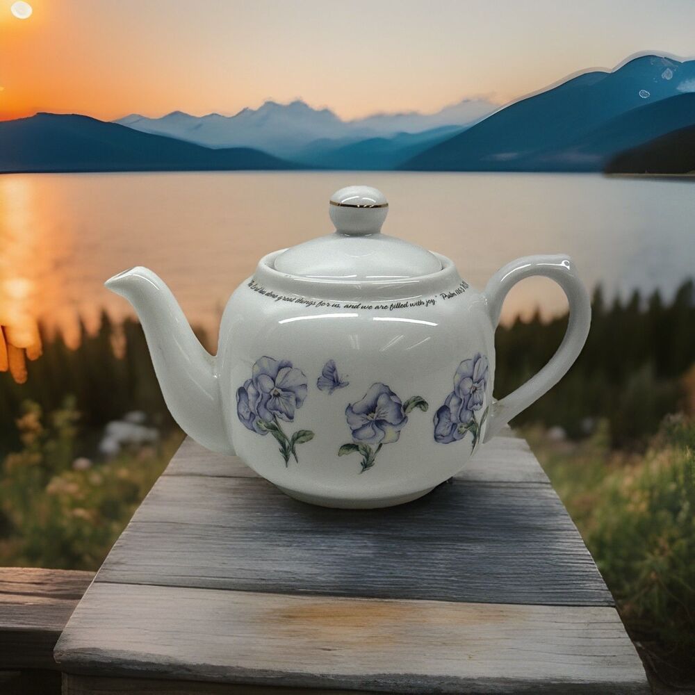 1990’s Teapot DaySpring Purple Pansies & Butterflies Psalm 126:3 Verse